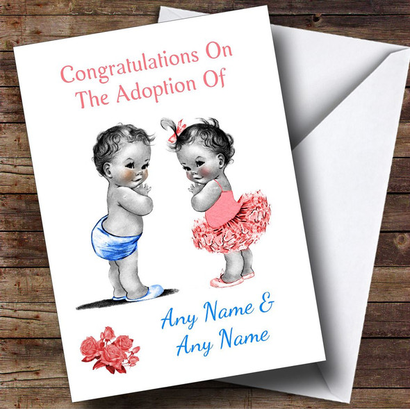Cute Adoption Adopting Twin Boy & Girl Son & Daughter Personalised Card
