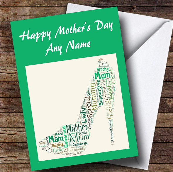 Green High Heel Shoe Word Art Personalised Mother's Day Card