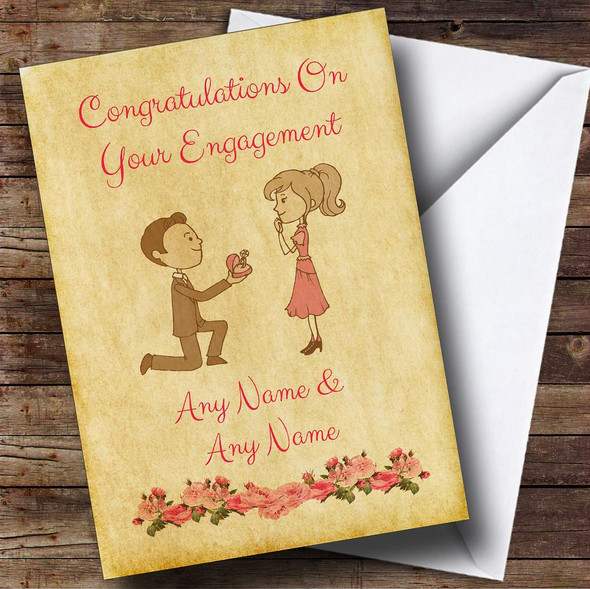 Vintage Cute Bride & Groom Personalised Engagement Card