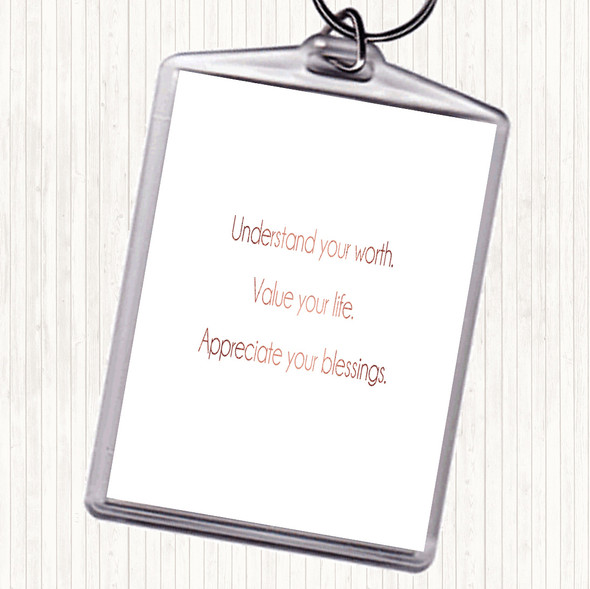 Rose Gold Understand Your Worth Quote Bag Tag Keychain Keyring