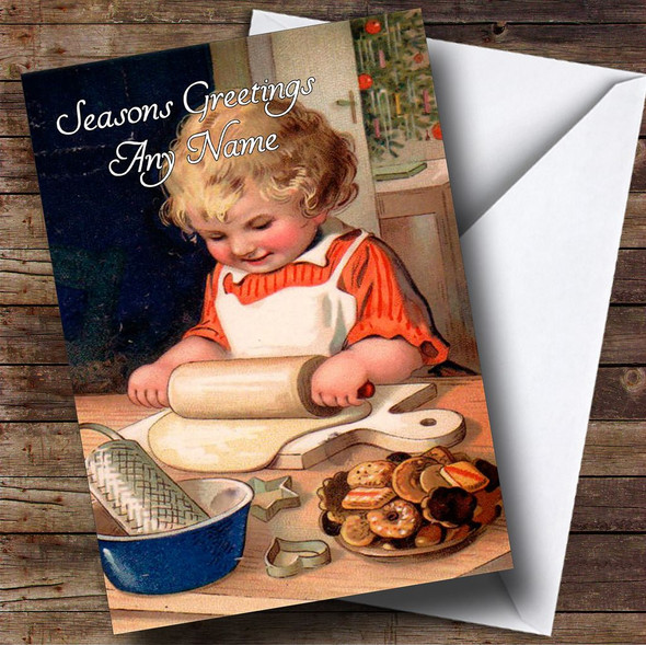 Child Baking Vintage Traditional Personalised Christmas Card