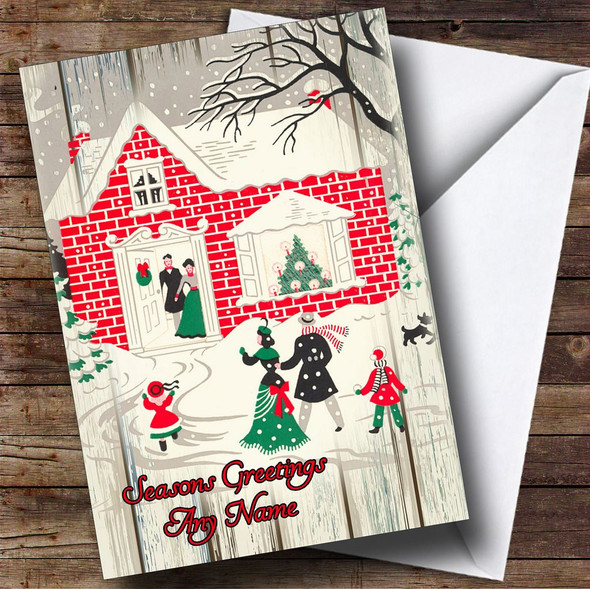 Wood Red Brick House Vintage Traditional Personalised Christmas Card