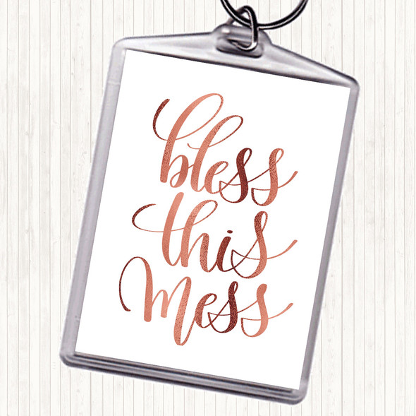 Rose Gold Bless This Mess Quote Bag Tag Keychain Keyring