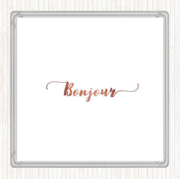 Rose Gold Bonjour Quote Drinks Mat Coaster
