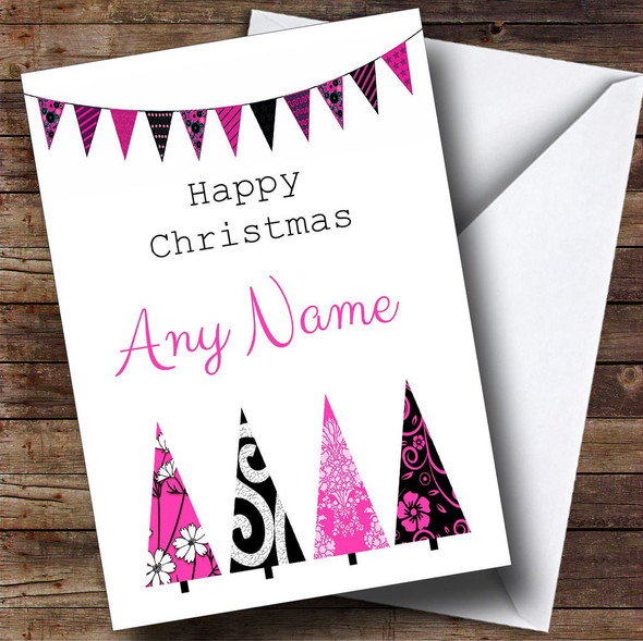 Pink & Black Xmas Trees Personalised Christmas Card