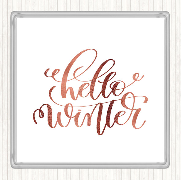 Rose Gold Christmas Hello Winter Quote Drinks Mat Coaster
