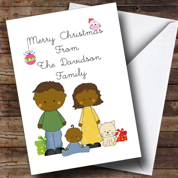 Dark Skinned Baby Boy & Cat Personalised Christmas Card