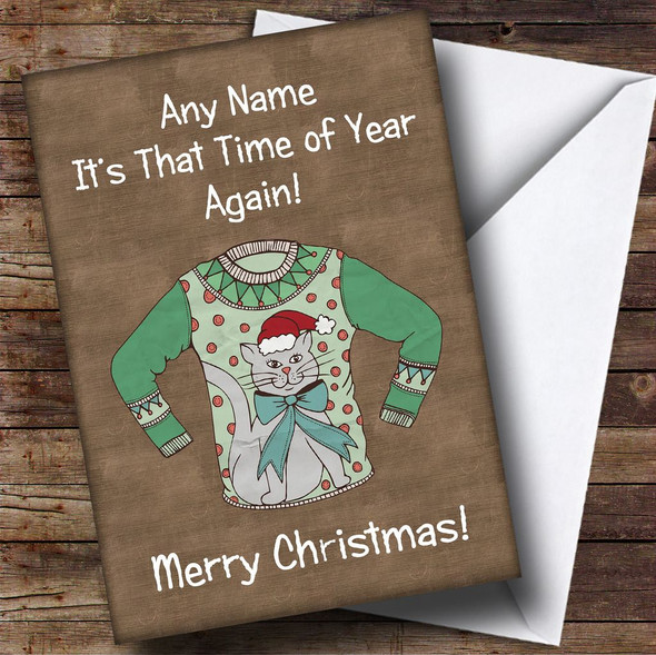 Cat Jumper Brown Personalised Christmas Card