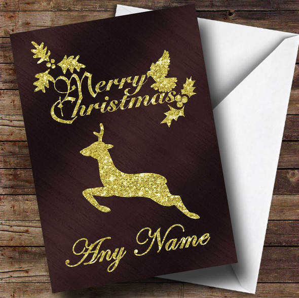 Brown & Gold Flying Reindeer Personalised Christmas Card