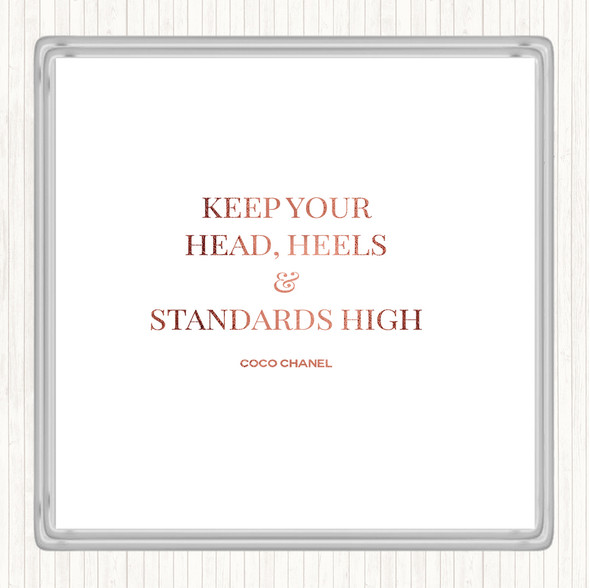 Rose Gold Coco Chanel High Standard & Heels Quote Drinks Mat Coaster