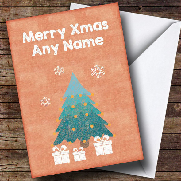 Watercolour Xmas Tree Orange Personalised Christmas Card