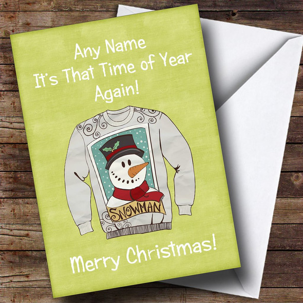 Snowman Jumper Bright Green Personalised Christmas Card