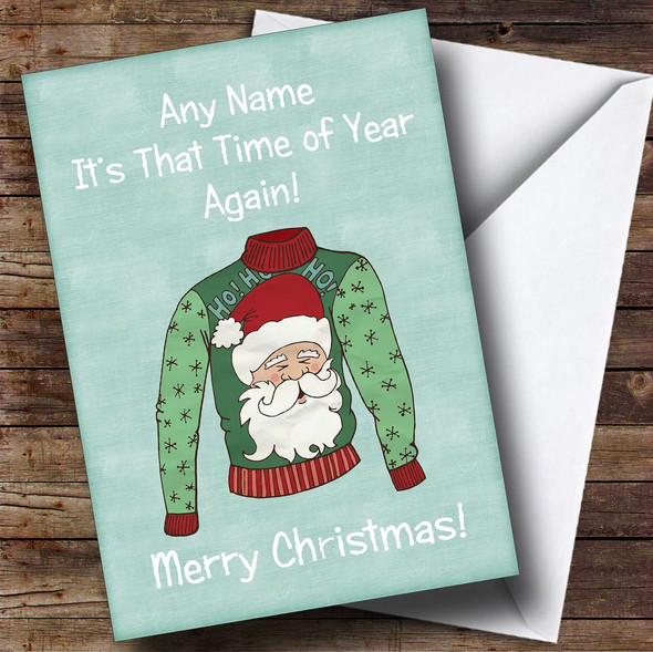 Santa Jumper Green Personalised Christmas Card