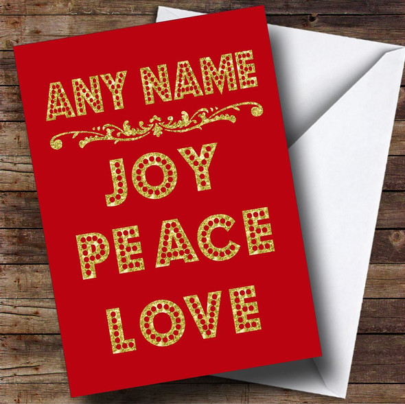 Joy Peace Love Red Personalised Christmas Card