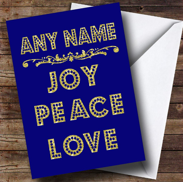 Joy Peace Love Blue Personalised Christmas Card