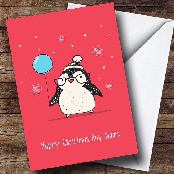 Penguin With Balloon Personalised Christmas Card