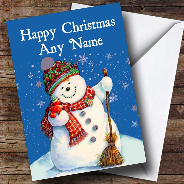 Blue Snowman Cheerful Christmas Card Personalised