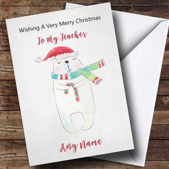 Teacher Doodle Watercolour Polar Bear Personalised Christmas Card