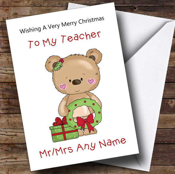 Teacher Cartoon Bear With Wreath Personalised Christmas Card