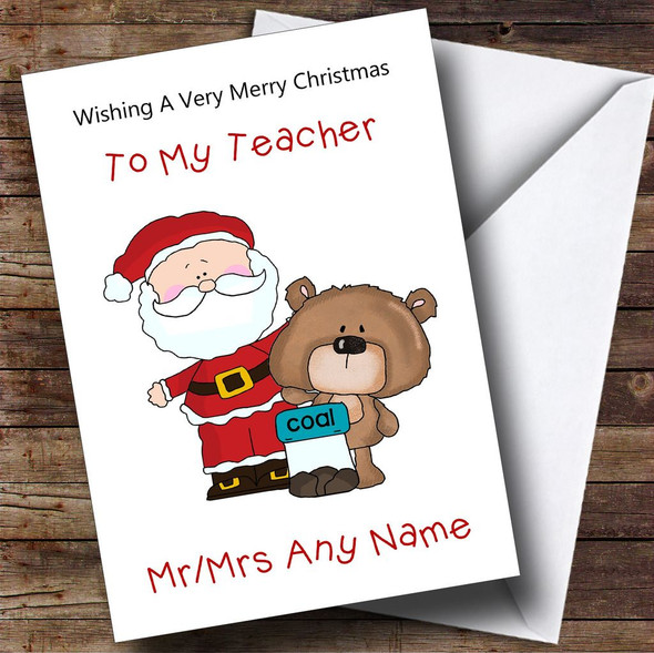 Teacher Cartoon Bear & Santa Personalised Christmas Card