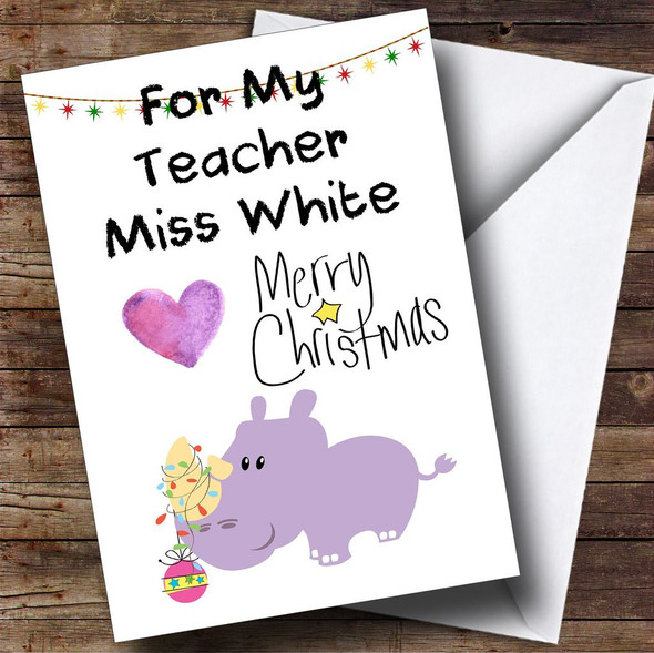 For My Teacher Purple Hippo Personalised Christmas Card