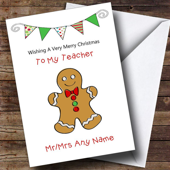 Doodle Gingerbread Man Teacher Personalised Christmas Card