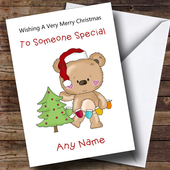 Cartoon Bear Decorating The Tree Children's Personalised Christmas Card
