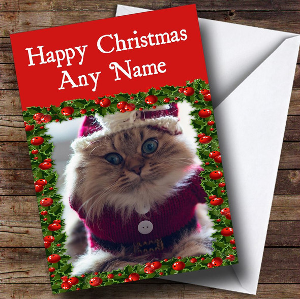 Cat And Holly Christmas Card Personalised