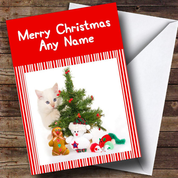 White Cat Candy Stripes Christmas Card Personalised