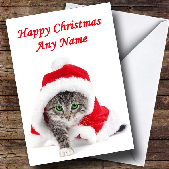 Green Eyed Tabby Cat Christmas Card Personalised