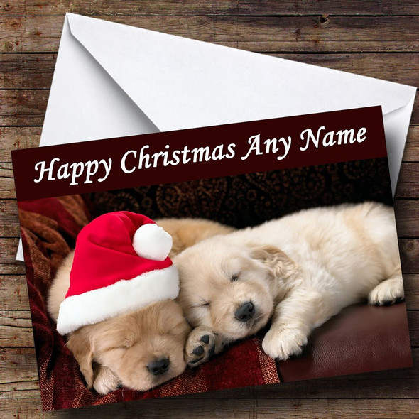 Puppies Cuddled Wearing Xmas Hats Personalised Christmas Card