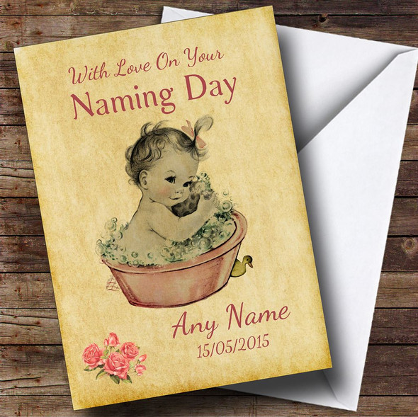 Pretty Vintage Baby Girl Personalised Naming Day Card