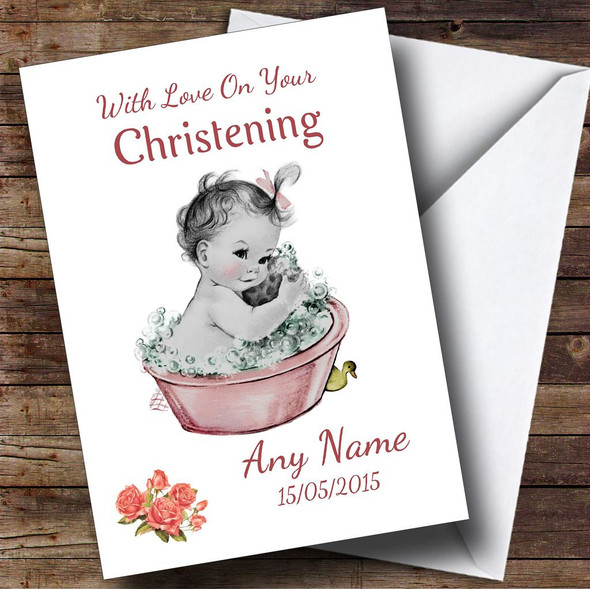 Cute Vintage Baby Girl Personalised Christening Card