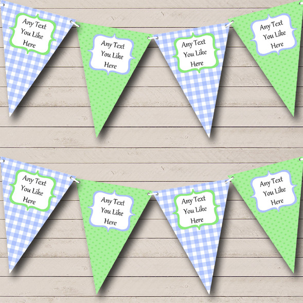 Green & Blue Gingham And Polka Dot Personalised Baby Shower Bunting