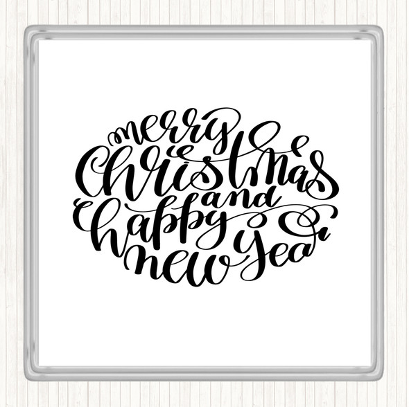 White Black Christmas Merry Xmas Happy New Year Quote Drinks Mat Coaster