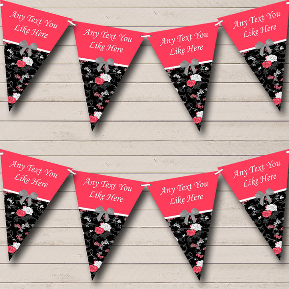 Coral Pink & Black Shabby Chic Vintage Personalised Birthday Party Bunting