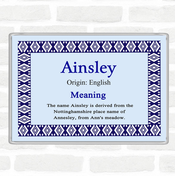 Ainsley Name Meaning Jumbo Fridge Magnet Blue