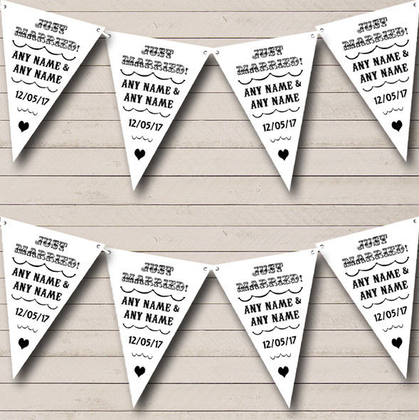 Vintage Just Married White And Black Personalised Wedding Bunting