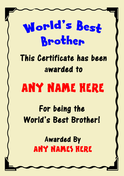Brother Best In The World Award Personalised Certificate
