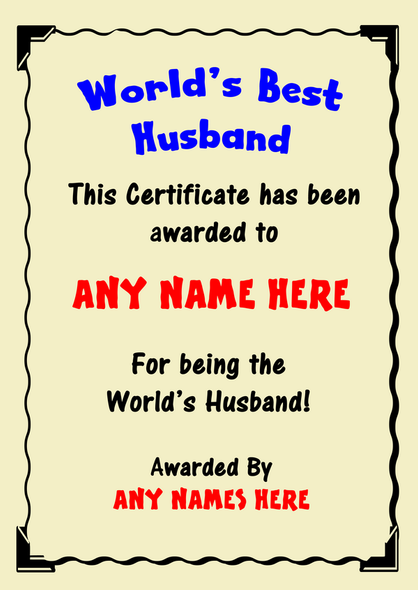 Husband Best In The World Award Personalised Certificate