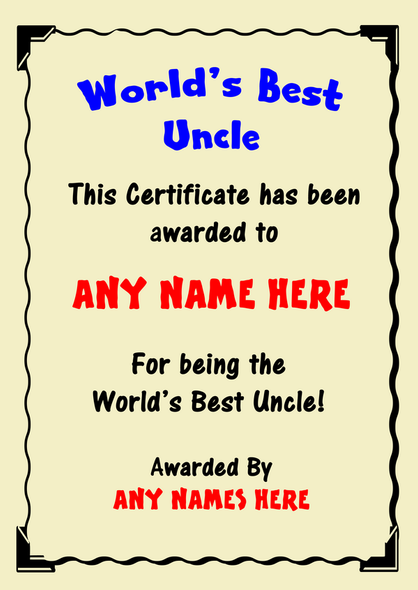 Uncle Best In The World Award Personalised Certificate