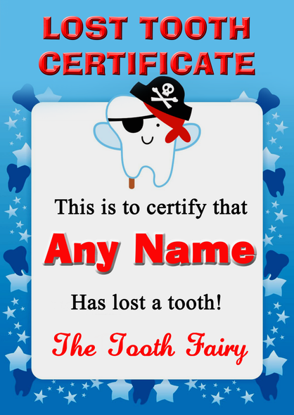 Blue Lost Tooth Fairy Award Certificate
