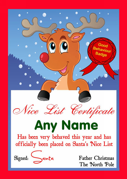 Red Reindeer Personalised Christmas Santa's Nice List Certificate