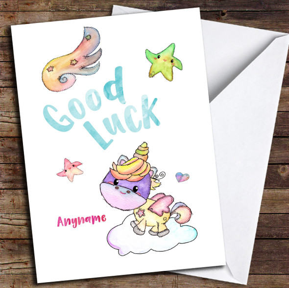 Cute Unicorn Personalised Good Luck Card