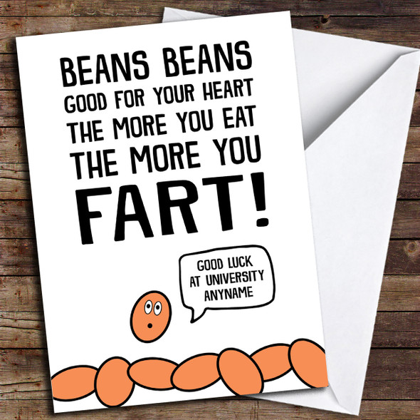 Funny Baked Bean University Personalised Good Luck Card
