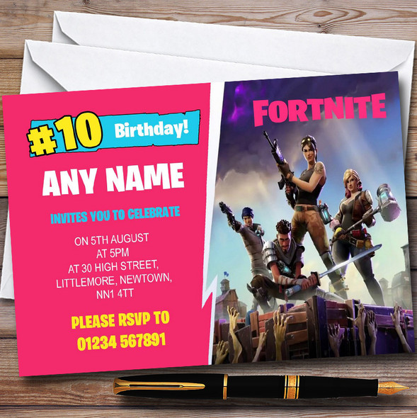 Purple Pink Girls Fortnite Personalised Children's Birthday Party Invitations