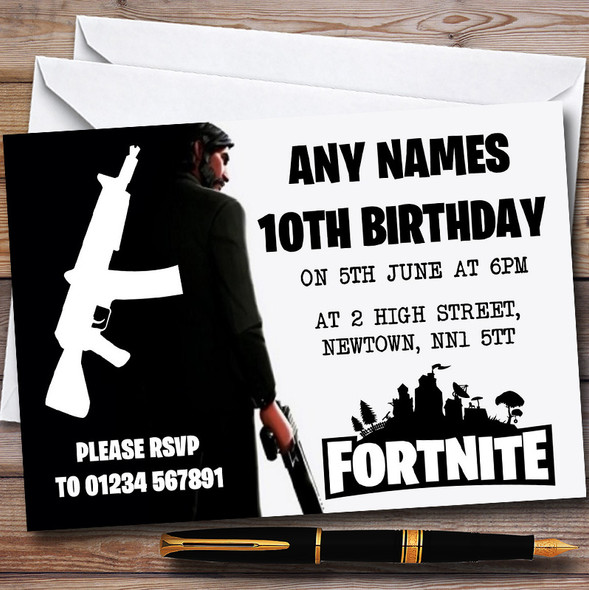 Fortnite Black & White Personalised Children's Birthday Party Invitations