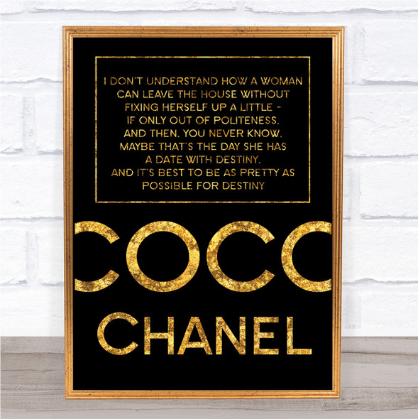 Black & Gold Coco Chanel Fixing Herself Up A Little Quote Wall Art Print