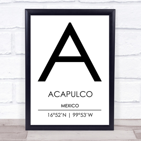 Acapulco Mexico Coordinates World City Travel Print