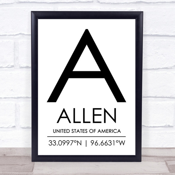 Allen United States Of America Coordinates World City Quote Print